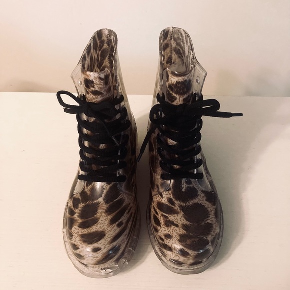 CHEMISTRY Translucent CHEETAH/LEOPARD print Combat Rain Boots - Picture 2 of 7